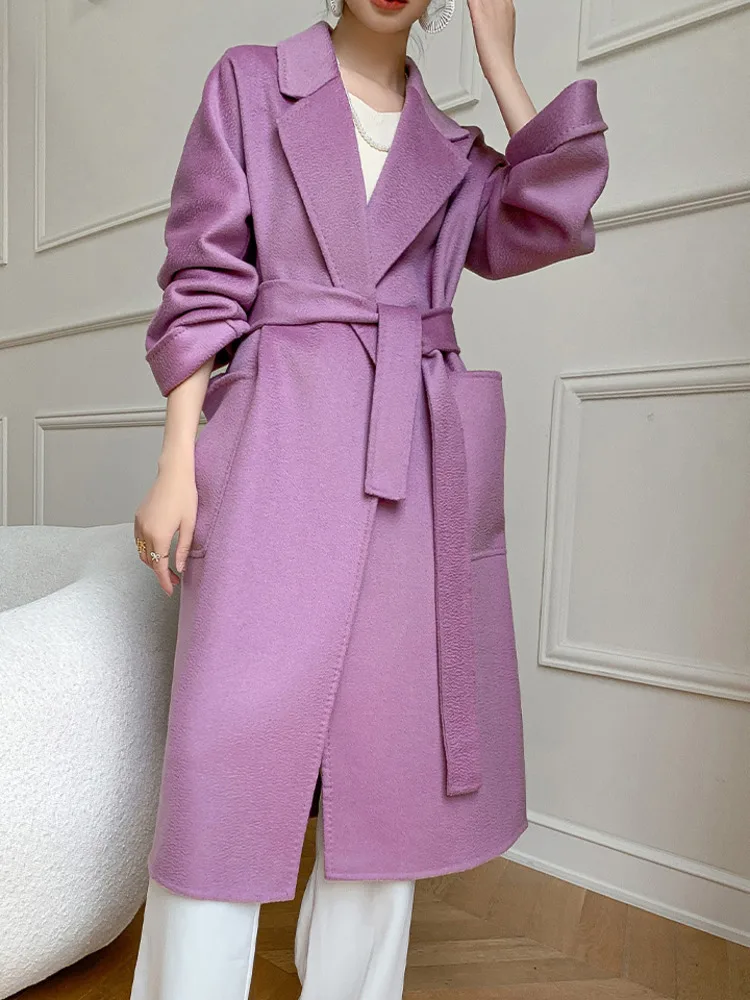 DEAT Fashion 100% Wool Coat Women's Lapel No Buckles Full Sleeve Pockets Pruple Loose Blends Overcoat Spring 2025 New 7AB6893