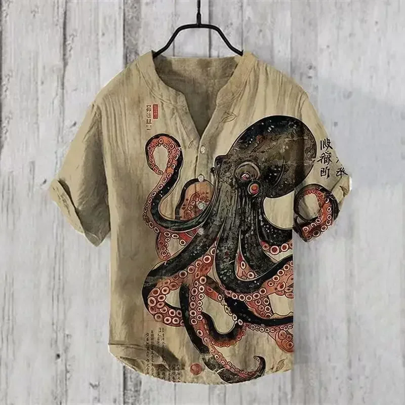 Tiki3D digital heat transfer printing cool octopus pattern bamboo knot linen 3 button standing collar short sleeved shirt