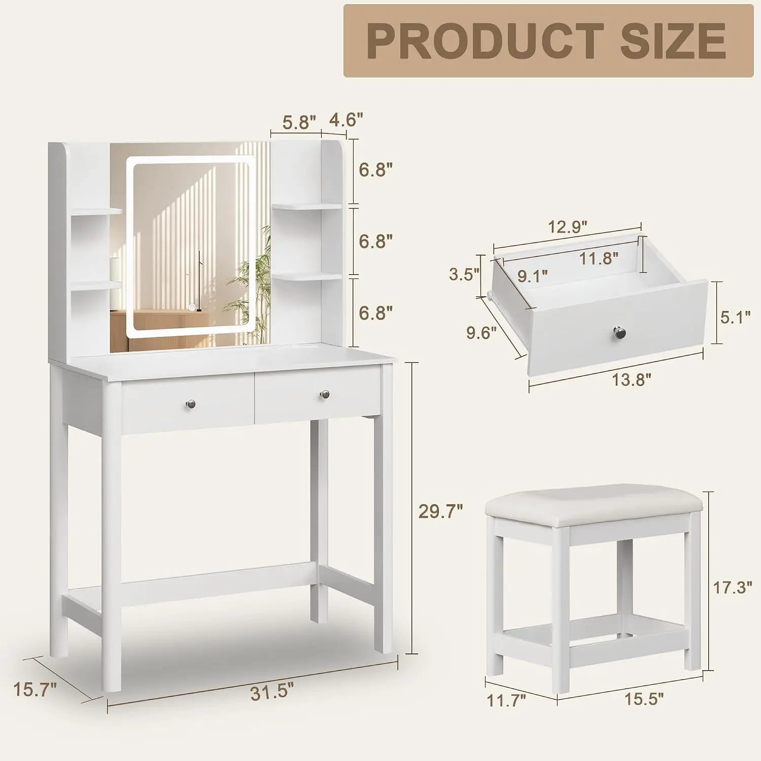 Vanity Desk with LED Mirror, 3 Lighting Modes and Chair | Small Makeup Vanity Table Set with Drawers, Dressing Table