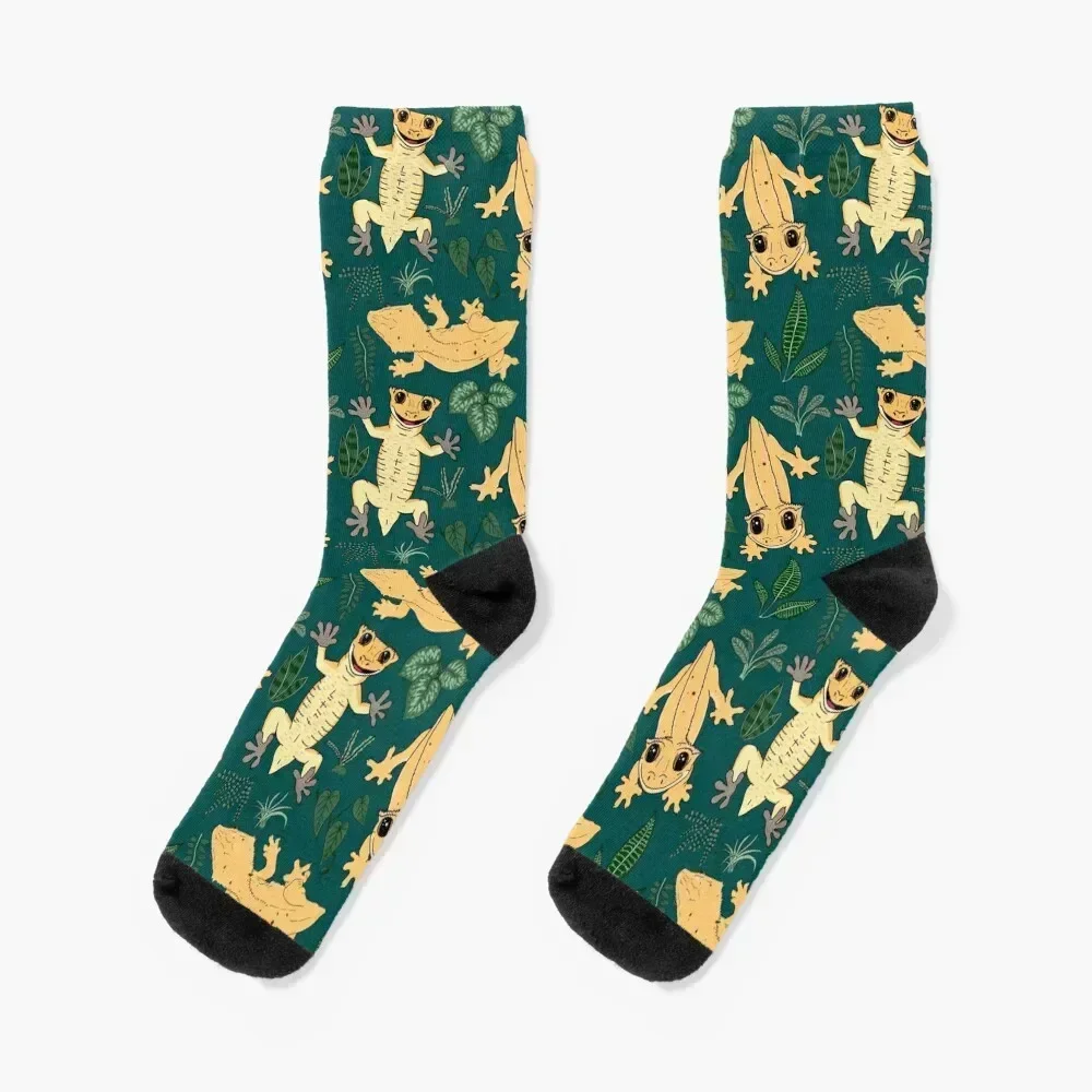 

Crested Gecko Frogbutt and tropical plant leaves pattern - lizards & leaves pattern - deep jungle green Socks