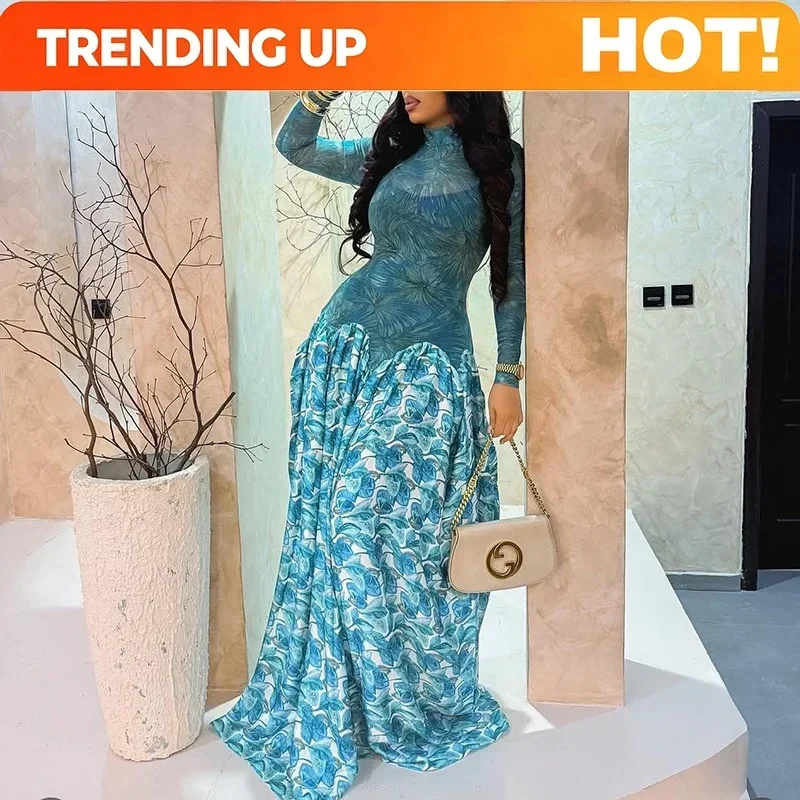 Leaf Print Patchwork Smock Midi A-Line Maxi Dress For Women Elegant Boho Evening Birthday Party Wedding Guest Outfit For Teens