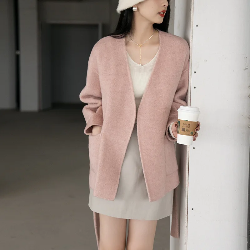 Small Skinny Wool Double-Sided Coat Women's 2023 Winter Lace-Up Jacket