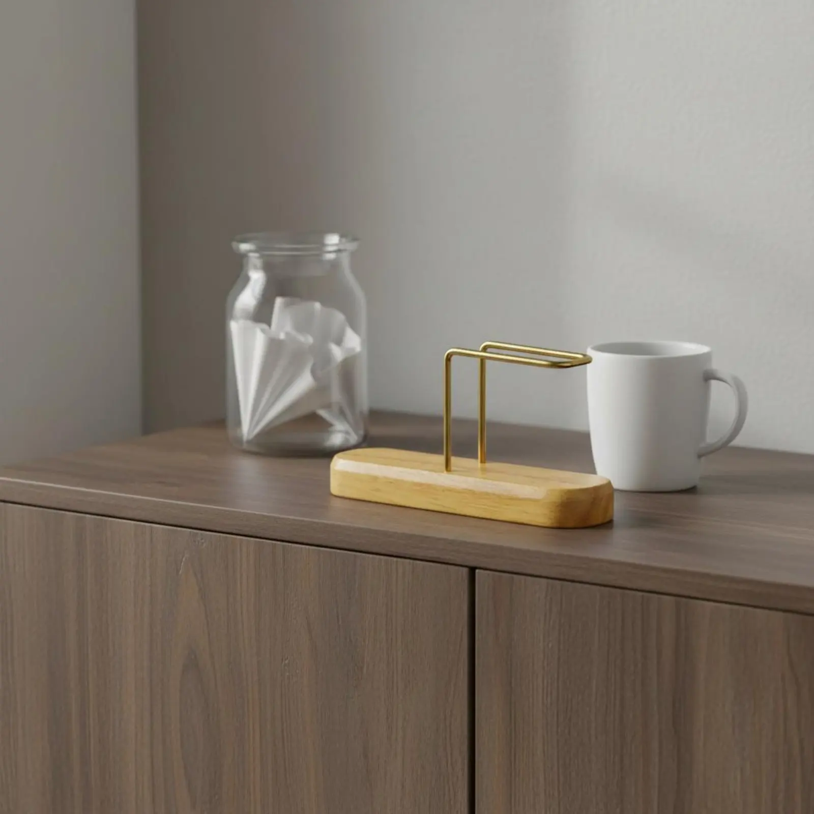 Walnut Wood Coffee Strainer Holder Minimalist Design Fan-Shaped Strainer Paper Rack Keeps Counter Tidy Debris-Resistant - view 2