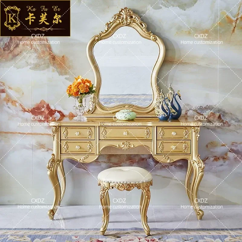 Foshan furniture European full solid wood carving flower dressing table champagne gold bedroom dressing table princess