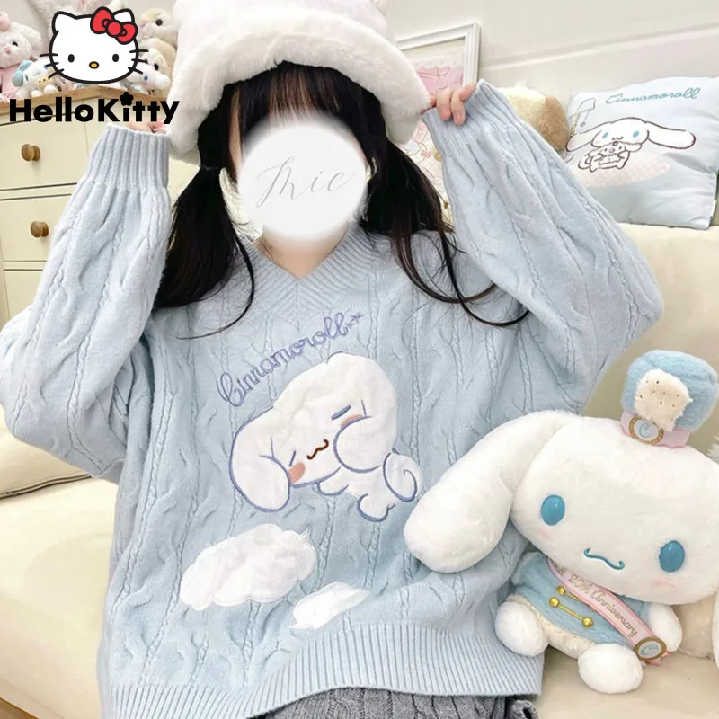 Sanrio Cinnamoroll Kawaii Top Women's Sweater Mardi Print Knit Women Sweater V-neck Women's Clothing Loose College Cute Sweet