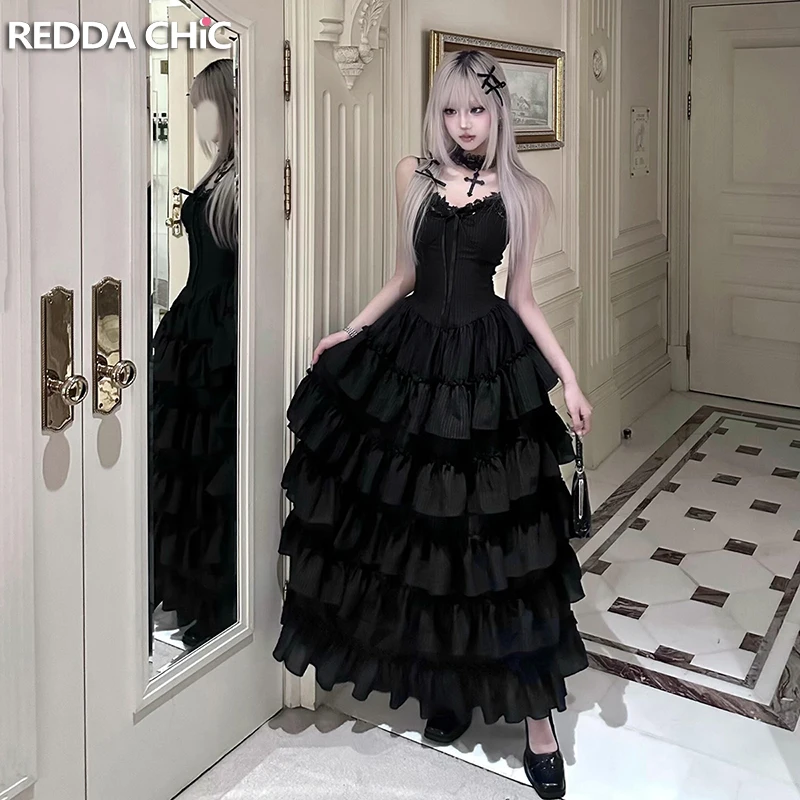 

REDDACHiC темное романтическое платье Лолиты женское черное кружевное камзол макси длинное многоуровневое бальное платье с рюшами вечерние готический костюм