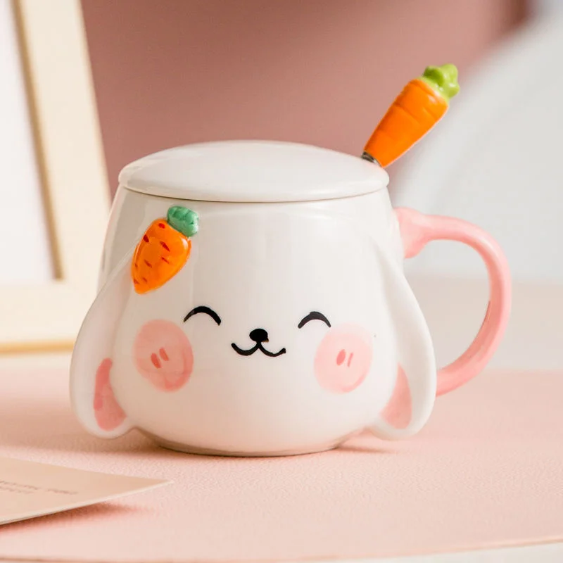 Hand-Painted Rabbit Ceramic Mug with Lid, Water Cup, Cute Style, Couple Gift, Breakfast, Kitchen, Large-Capacity, Home Fashion