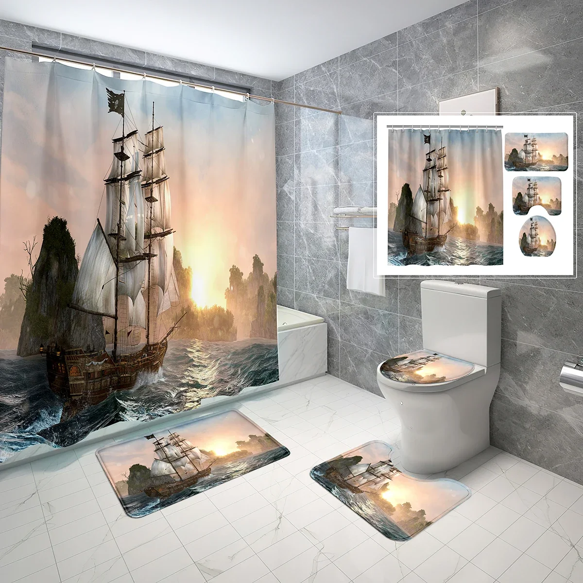 

4 Sets Pirate Ship Shower Curtain Sets with Non-Slip Bath Mat,Toilet Lid Cover and Sailboat Sea Sunset Shower Curtain Cover Sets