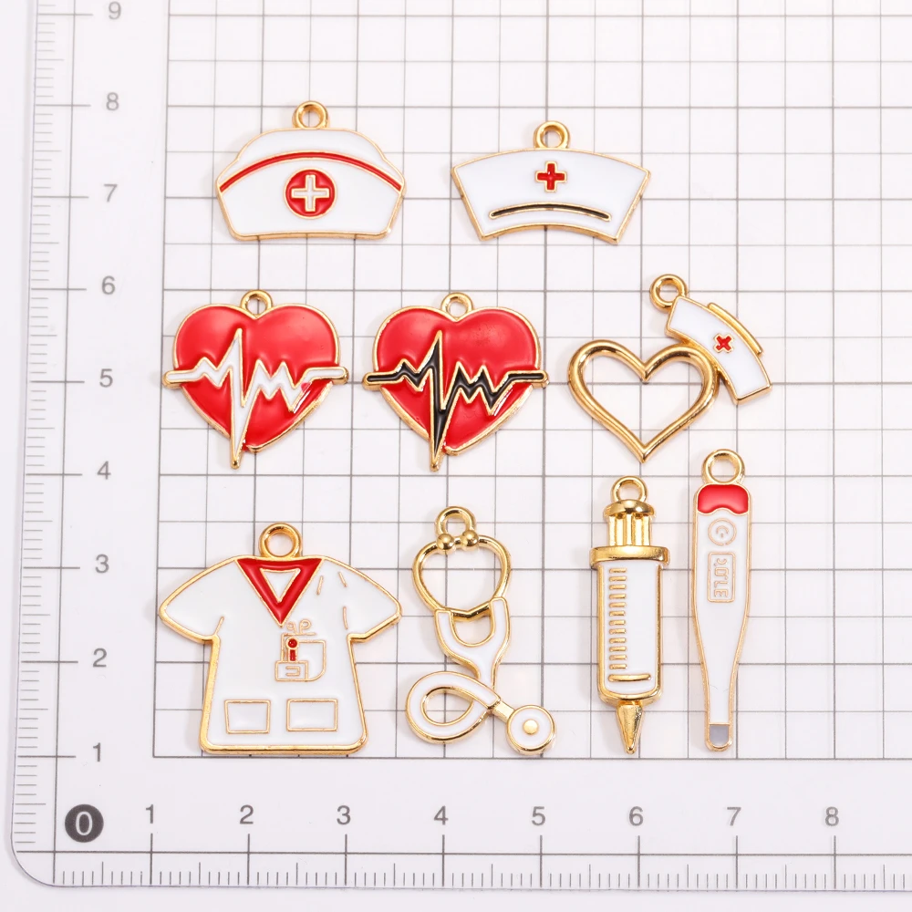10Pcs Mixed Enamel Medical Tool Care Series Love Nurse Hat Alloy Charms Pendants For DIY Jewelry Making Handcrafted Accessories image 2