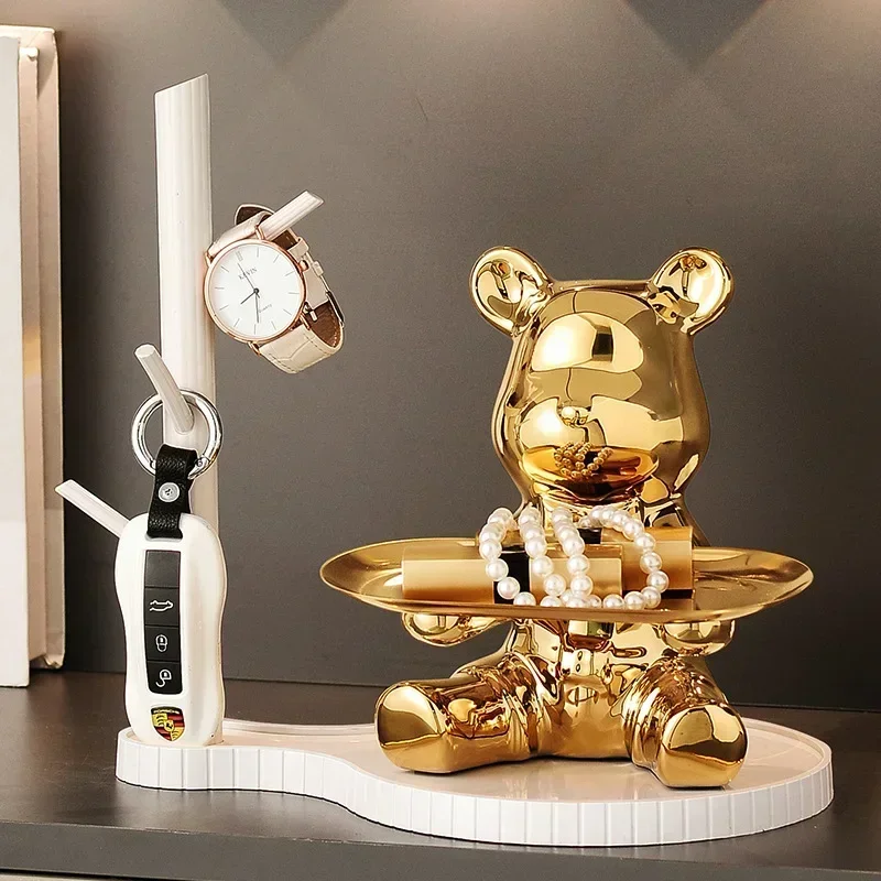 

Ceramic Bear Tabletop Wooden Tree Tray Key Jewelry Hanger Candy Storage Display Piggy Bank Ornament Desk Resin for Living Room