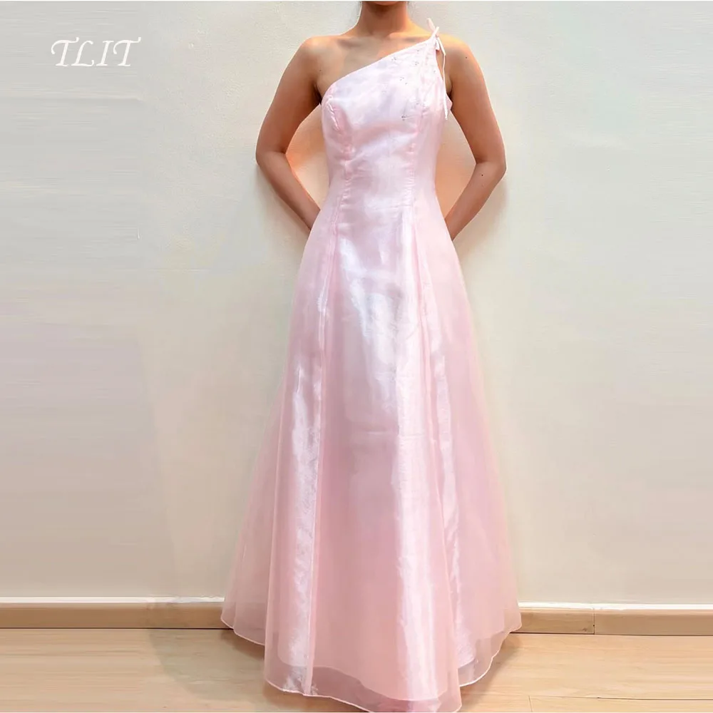 TLIT Simple Light Pink Organza Evening Dress Customized Strapless One-Shoulder SequinedProm Gown A-Line Sleeveless تنور