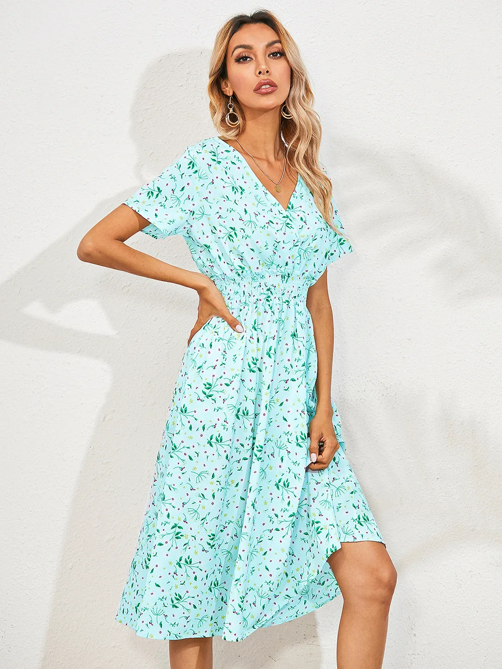 Chiffon Dress Summer Dress 2023 Retro Yellow Red Floral Print Female Casual V-neck Short-sleeved A-line Beach Long Robe Dress