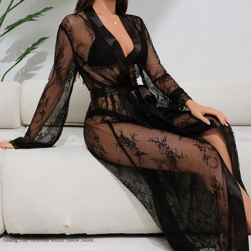 

Sexy Perspective Hollow Out Long Robe Home Dress Temptation Lace Intimate Lingerie Bathrobe Fashion Women Sleepwear Nightgown