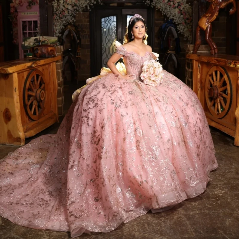 

Pink Shiny Quinceanera Dresses Off The Shoulder Applique Lace Beading Crystal Tull Party Birthday Sweet 16 Dress Vestidos 15