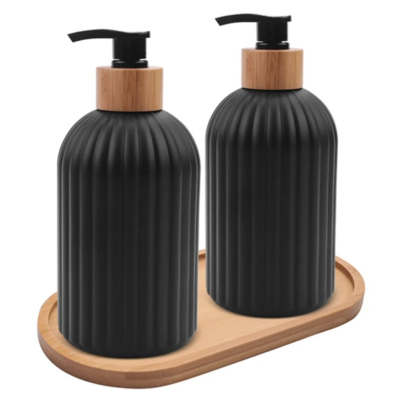 14Oz Glass Soap Dispenser With Wooden Tray, 2 PCS Hand And Dish Soap Dispenser Set, Kitchen Bathroom Farmhouse Decor