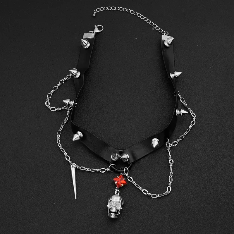 قلادة جلدية على شكل جمجمة داكنة، Y2K قلادة بانك شديدة التحمل ثقافة فرعية سلسلة الترقوة الحلوة المسامير القوطي نمط الشارع مجوهرات الرقبة #2