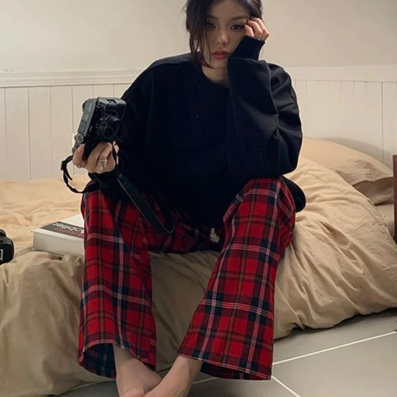 S-4XL Casual Red Plaid Pants Women Autumn Winter Fashion Elegant Student Korean Style Harajuku Hip Pop Streetwear Chic Vintage