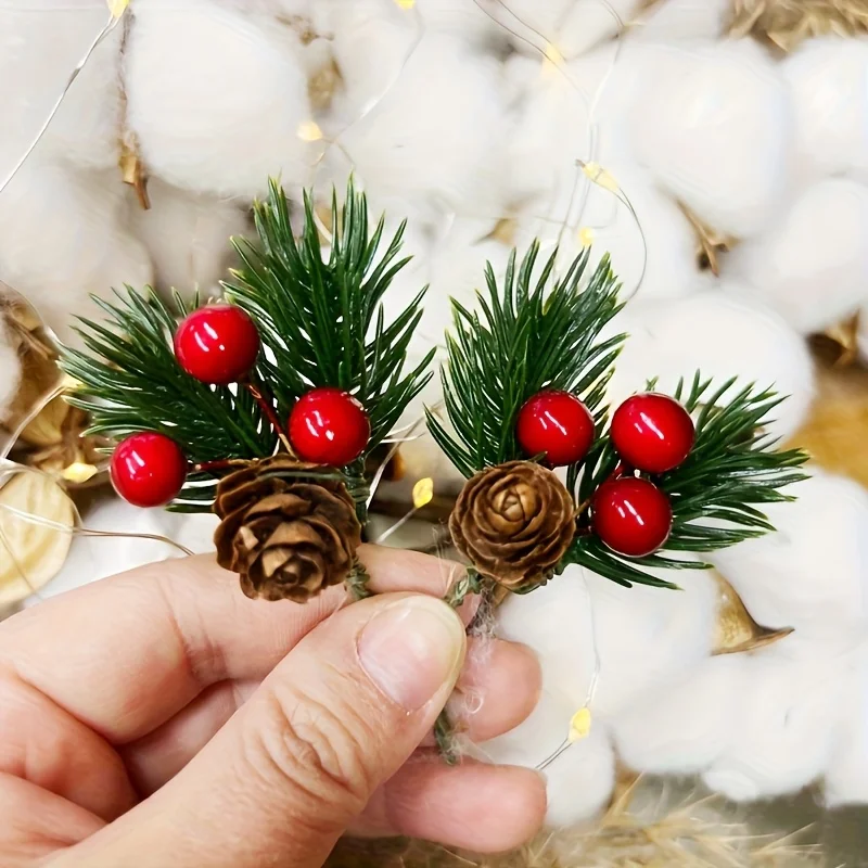 100pcs Red Berry Branches- Realistic Christmas Tree Topper Decorations with Pine- Like Branches, Durable Plastic Berry Garland f