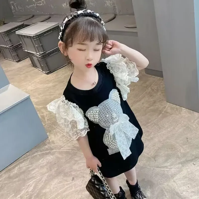 Girl\'s Short sleeved Dress Summer New Baby Fashionable Lace Princess Dress Children\'s Long T-shirt Spring and Autumn Clothing