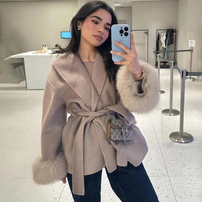 Tornova 2025 New Fox Fur Woolen Coat Women's Short Coat Office Lady Removable Elegant Double-sided Wool Overcoat Cardigan Jacket