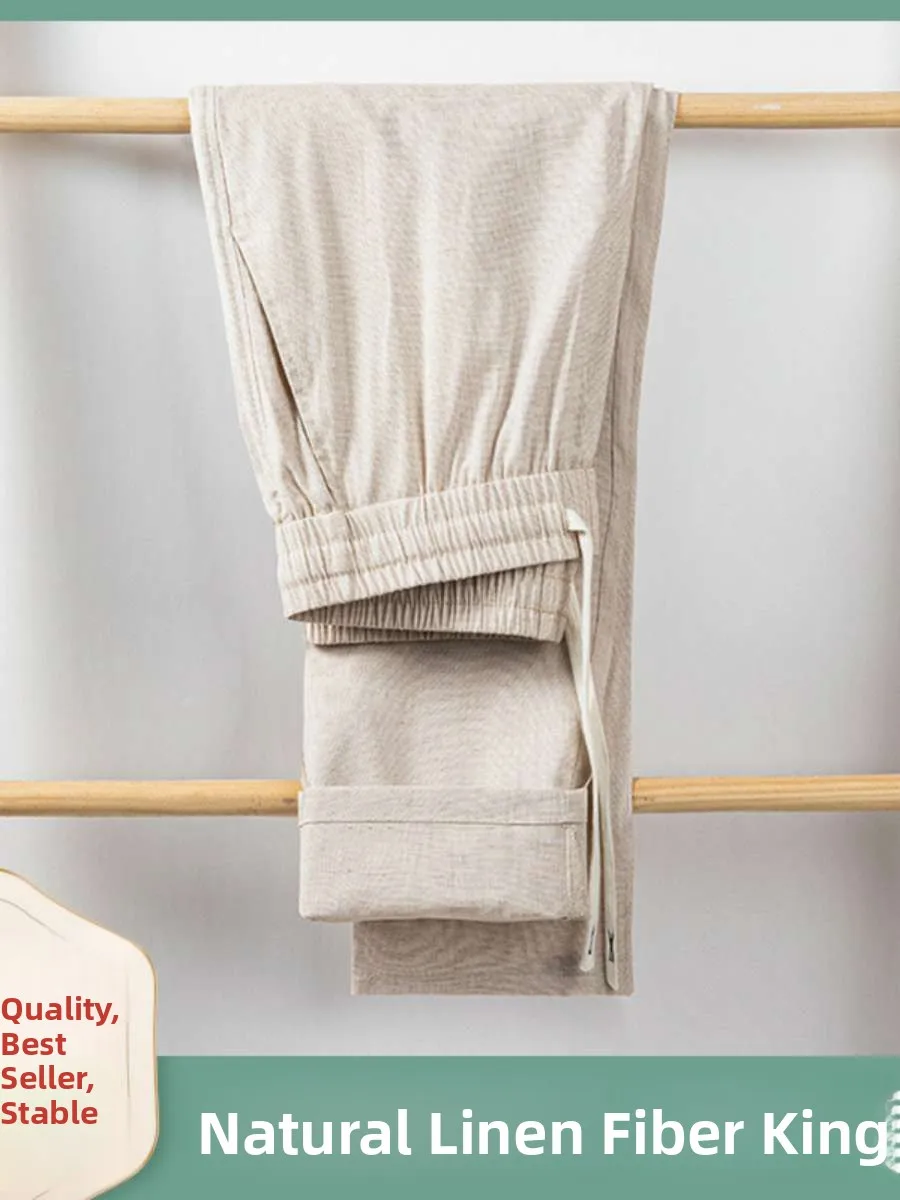 

New Men's Linen Casual Pants Summer Pure Color Breathable Elastic Waist Straight Leg mid Waist Long Trousers Comfortable Fit
