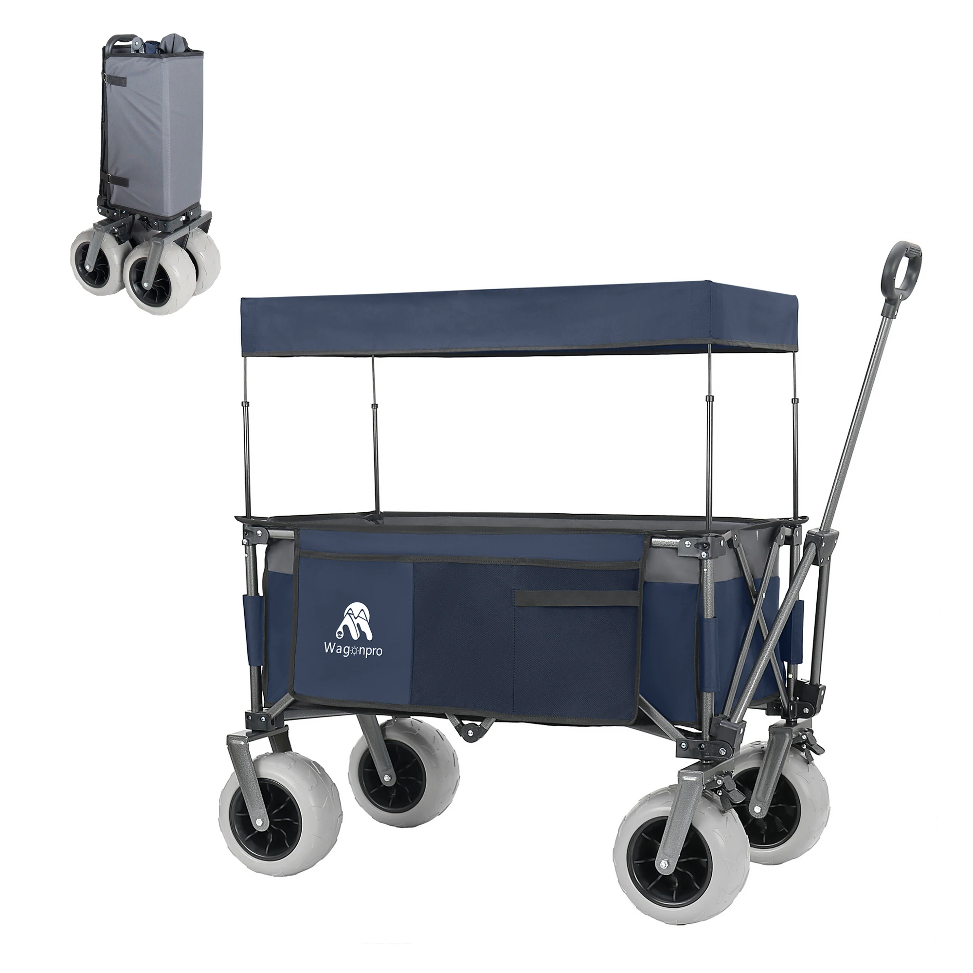 Multi-Functional Pull Folding Wagon Cart with Flexible Handle & Canopy, Heavy Duty Utility Cart with 9