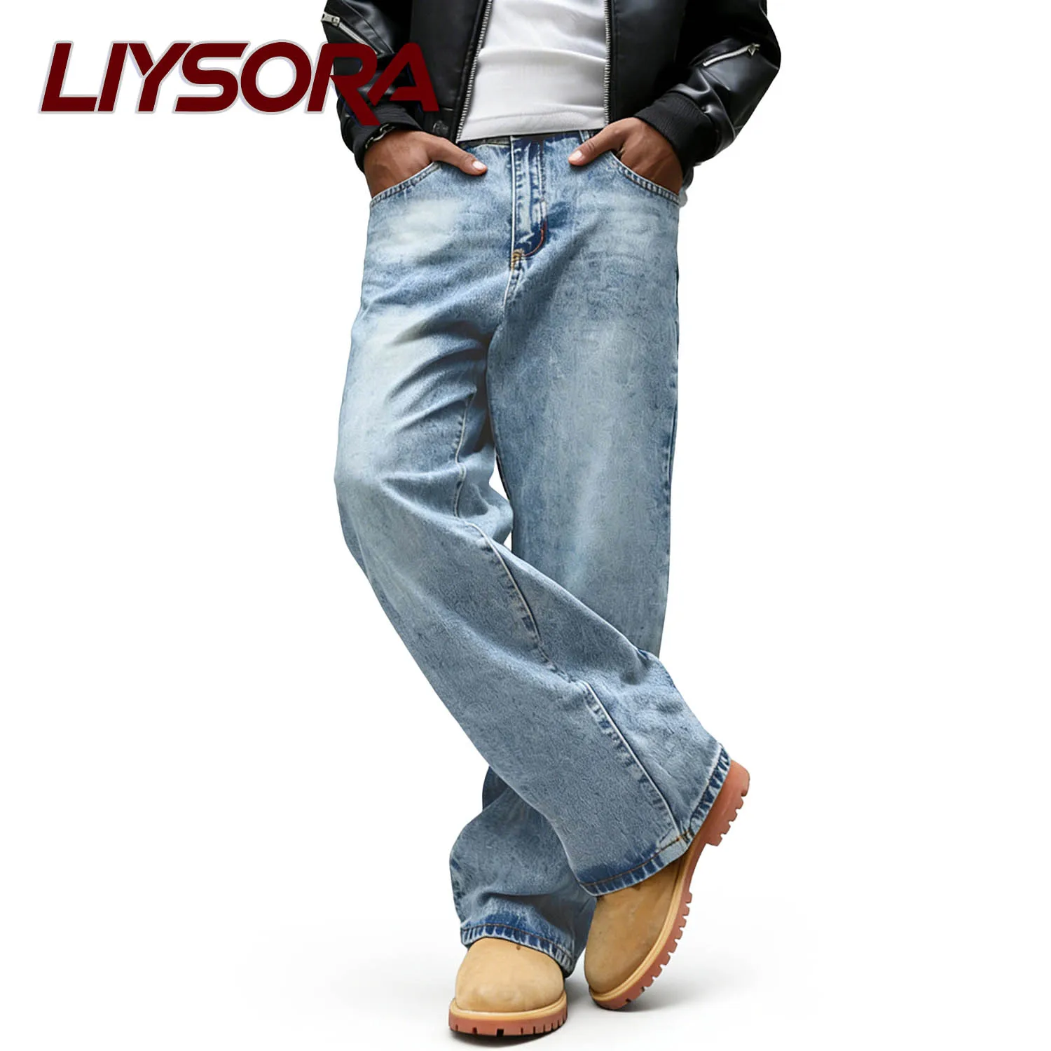 

Men's American Retro Baggy Blue Straight-Leg Jeans Y2K Youth High Street Washed Fashion Casual Travel Soft Denim Pants Unisex