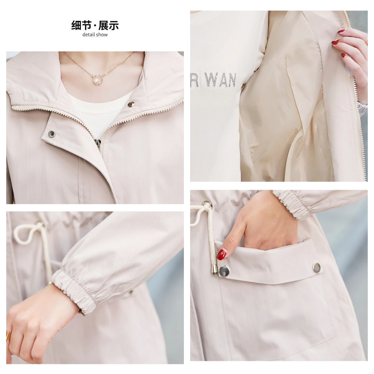 Hooded Mid-length Trench Coats Fashion Drawstring Windproof Jackets Oversized Women\'s Fashion Gabardina Spring Fall Slim Abrigos