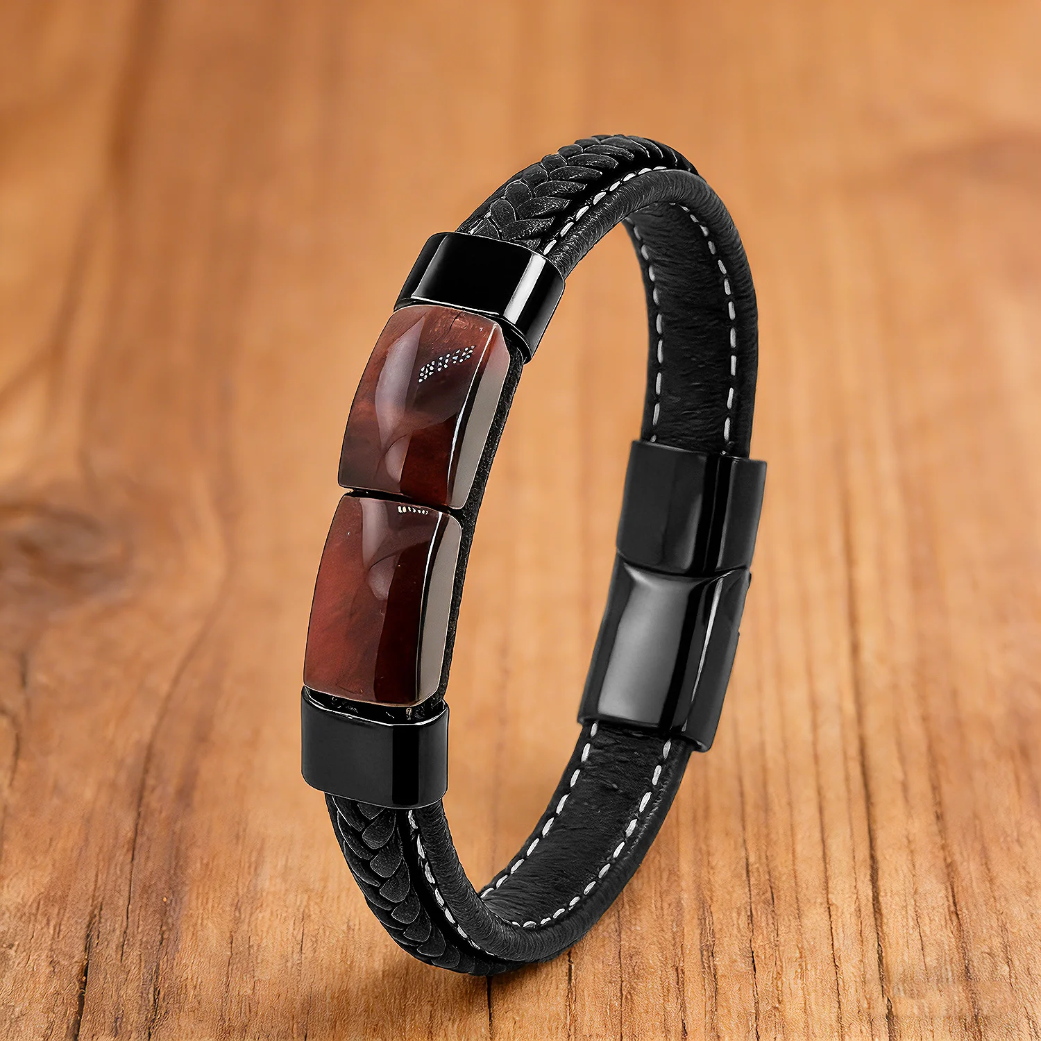 Natürliches Armband aus Tigeraugenstein und gewebtem Leder für Damen und Herren, schwarzes Metall, 2026, trendiger Modeschmuck, luxuriös – Detail 3