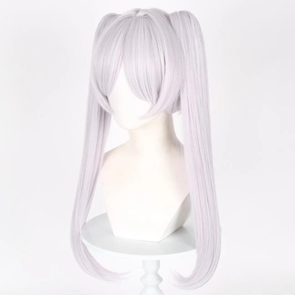 SisiruKou Frieren 코스프레 가발, 실버 회색, 긴 스트레이트 더블 포니테일 타이거, 합성 할로윈 파티 코스튬 가발