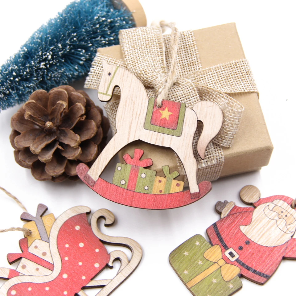 1SET Mix Style Christmas Wooden Ornaments Creative Wood Pendants Xmas Tree Ornament Home Party Decoration Kids Gifts DIY Craft