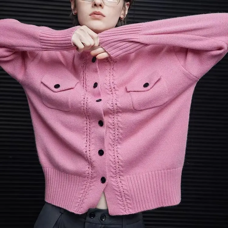 Rose pink cashmere sweater sweater cardigan new hollow design sense niche.