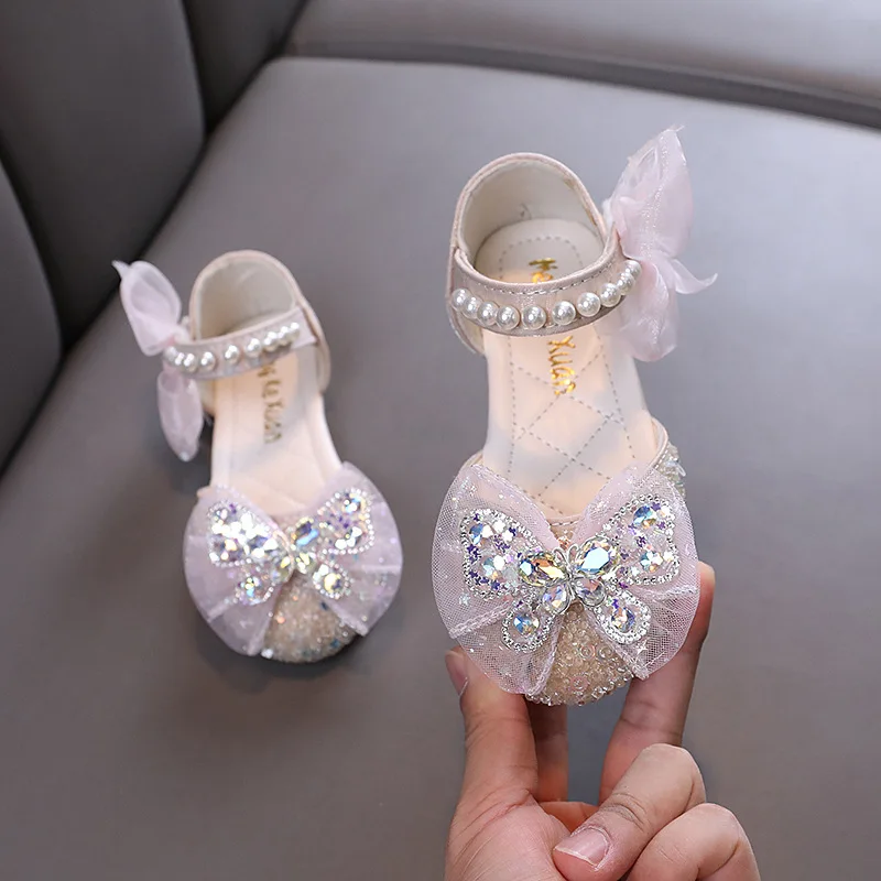 AINYFU New Little Girl Leather Sandals Girls Princess Rhinestone Bowknot Sandals Fashion Kids Causal Flat Wedding Shoes J322