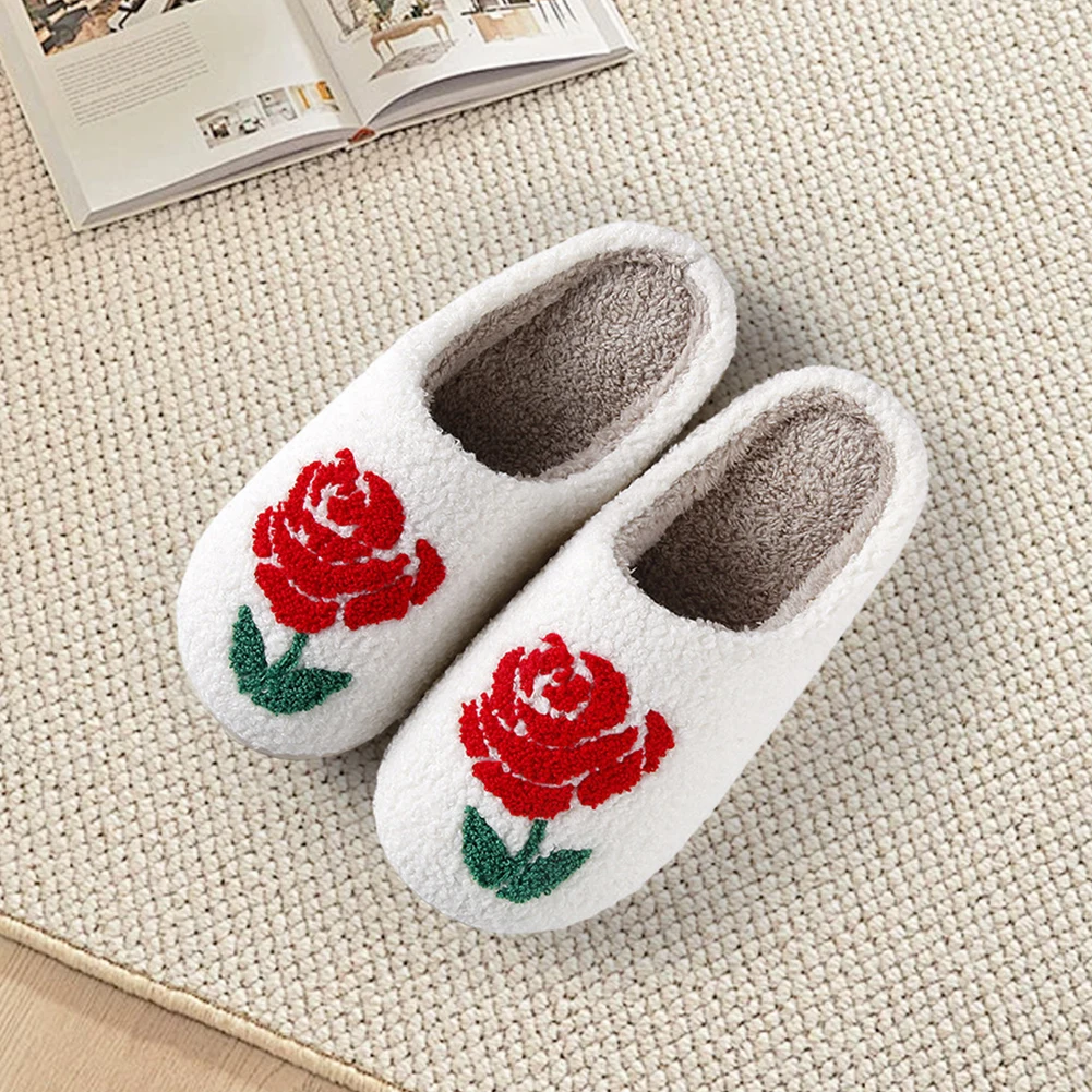 Red Rose Plush Slippers Fluffy Home Slippers Comfortable Furry Flower Slippers Anti Slip Floral Couple Slippers for Men Women