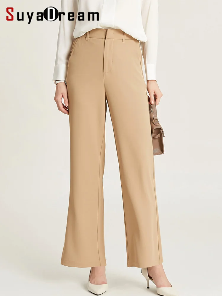 SuyaDream Woman OL  Elastic Waist Solid Straight Long Pants 2022 Spring Office Lady Black Chic Trousers