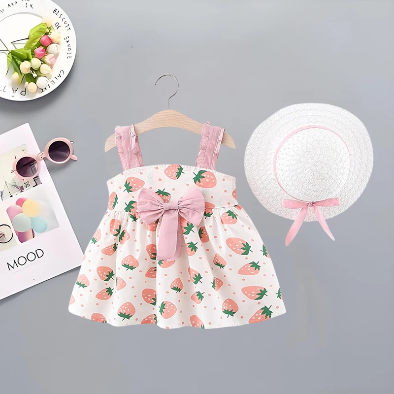 

2 Pcs Baby Girl Dresses+hats Summer Baby Girl Big Bow Strawberry Print Suspender Square Neck Sweet Princess Birthday Dress