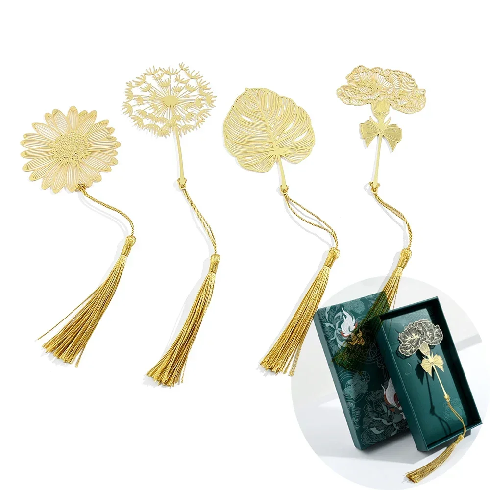 Golden Flower Bookmarks Dandelion Daisy Page Marker Stationery Tools Stainless Steel Tassels Literature Reading Lovers Gifts