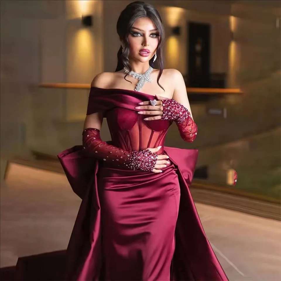

Evening Dress Burgundy Stain with Bow Shining Beading On SleeveMermaid Prom Dresses Sweetheart فساتين الحف