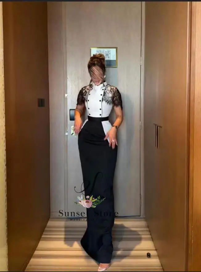 Customized Black White Evening Dress Lace Short Sleeve High Neck Mermaid Formal Gown For Women Wedding Party