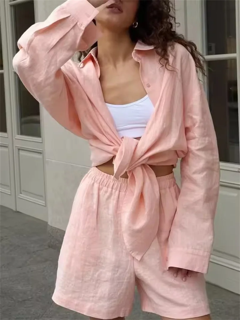 

Женские повседневные шорты, хлопковые однотонные рубашки из двух предметов с длинными рукавами, костюмы, новые летние шорты с эластичной резинкой на талии, женская одежда