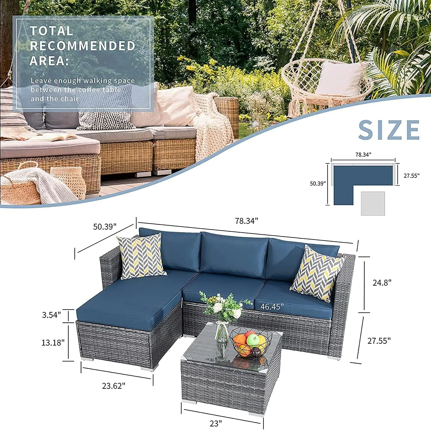 Rattan ao ar livre sofá secional com mesa de chá e almofadas, All-Weather Patio Móveis Sets, Upgrade Wicker