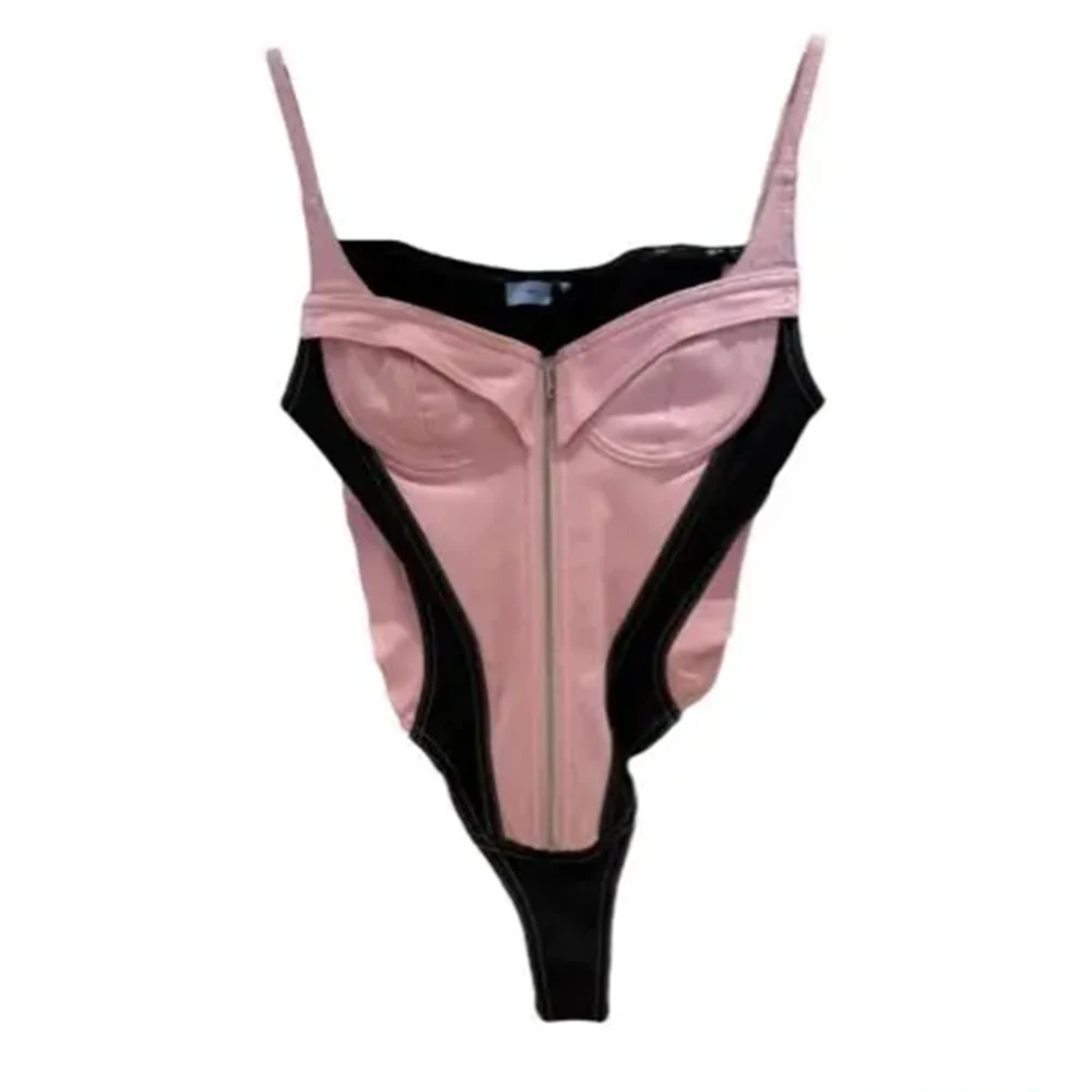 

Customized Patchwork Contrast Color Denim Bodysuits Women Strap Zipper Bodysuit Sleeveless Skinny Rompers Denim Outfits 2025