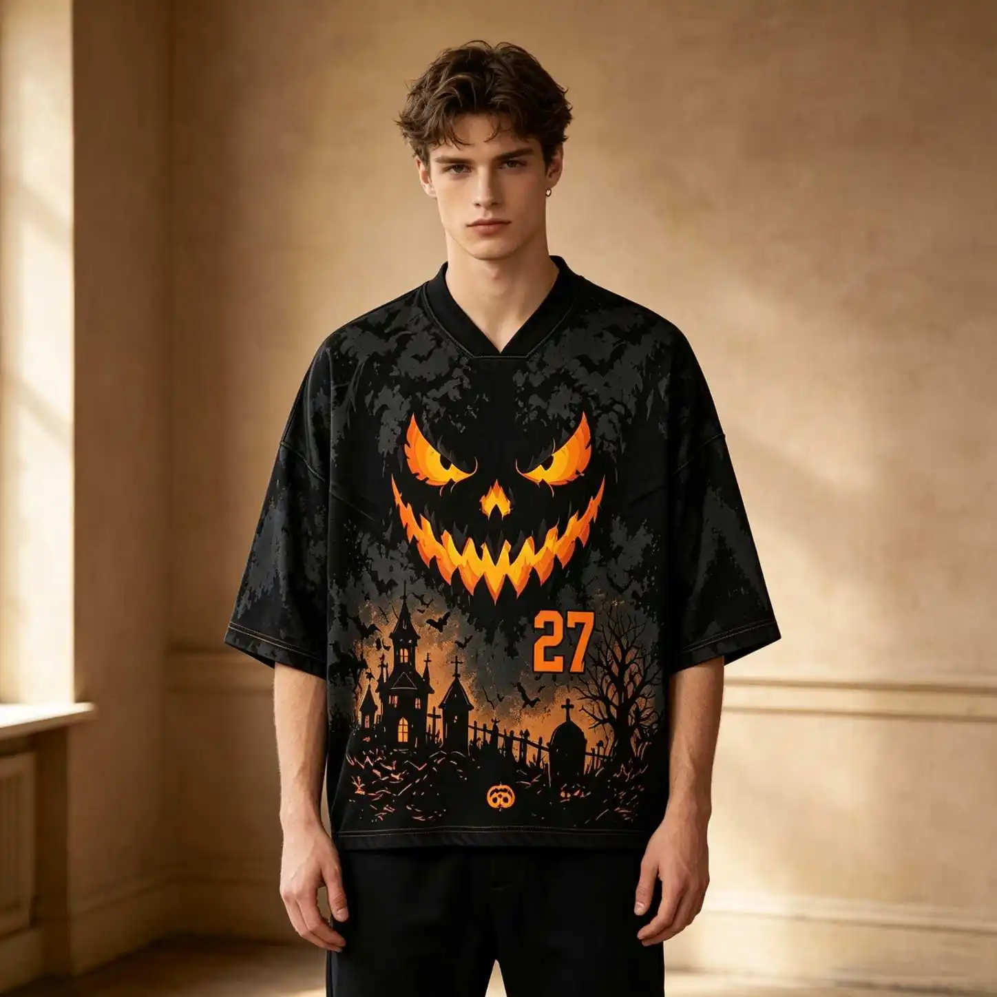 Halloween Party Gothic Men Oversized V Neck Elbow Sleeve Tee, Pumpkin Haunted Castle 27 Print Fall Casual Loose Tops