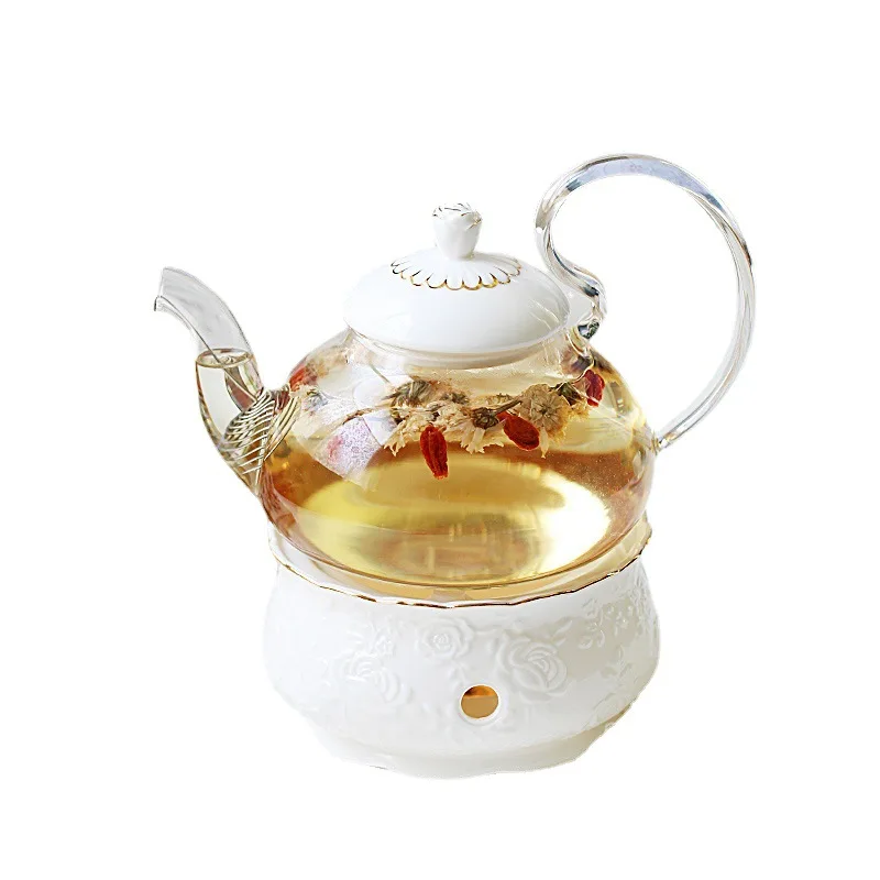 English Light Luxury Flower Tea Pot Set Candle Heating Base Heat Resistant Glass Afternoon Tea Fruit Teapot 600ml Home Gift