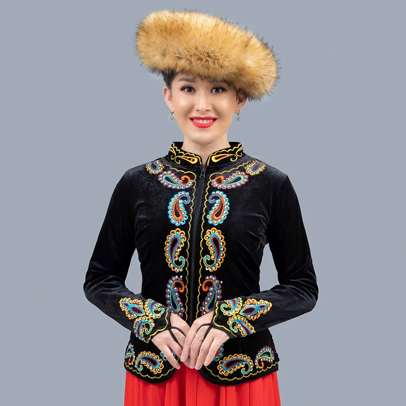 

Chinese Xinjiang Uygur Ethnic Dance Shirt Sping Women Tops Embroidered Rhinestone