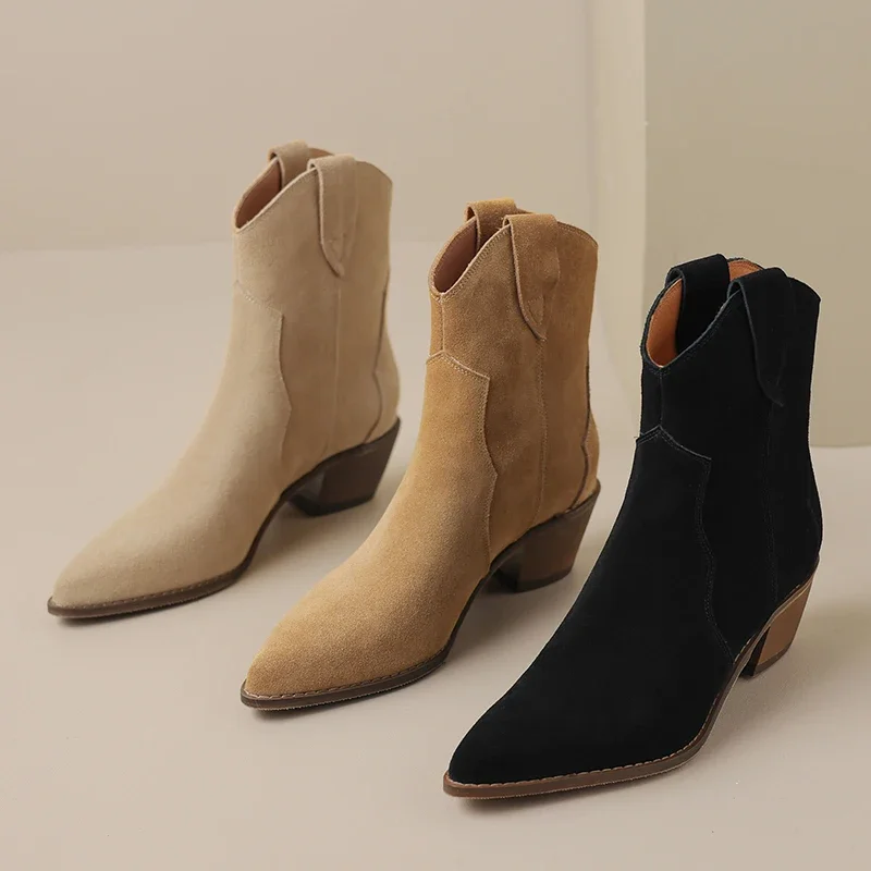 YATAGODY Size 34-43 Women Western Cowboy Boots Suede Genuine Leather Thick Heels Winter Shoes For Women Cowgirl Heel Short Boot