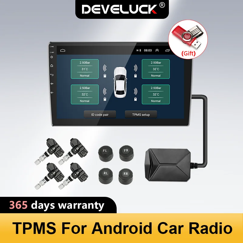 Universal USB Android TPMS Tire Pressure Monitoring System Display Alarm System Sensors For Car Radio Navigation 4-5 Sensors