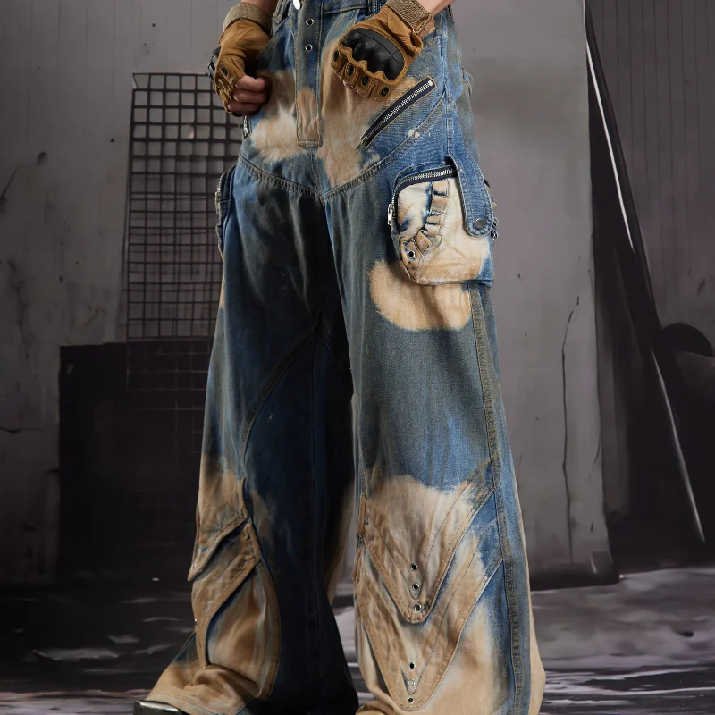 MWJLPWQ Men's Heavy-Duty Washed Distressed Tie-Dye Jeans For Men Women Street Style Loose Wide-Leg Floor-Length Pants New 20315