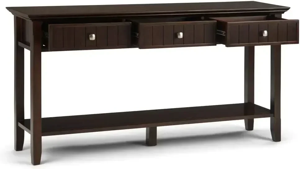SIMPLIHOME Acadian SOLID WOOD 60 inch Wide Transitional Modern  Console Sofa Entryway Table in Brunette Brown with Storage,