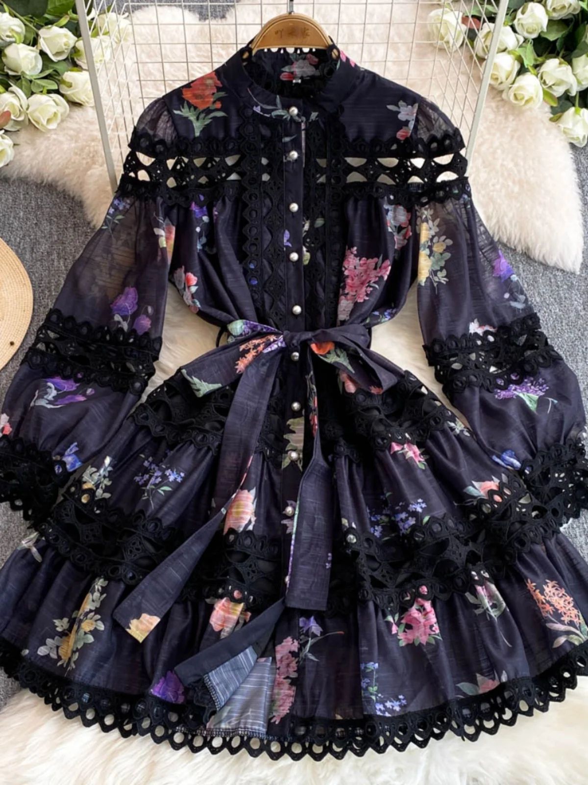 Vestido Midi de Talla ande con Encaje Floral, Estilo Coreano, Cintura Alta con Cinturón, Cuello Alto para Mujer